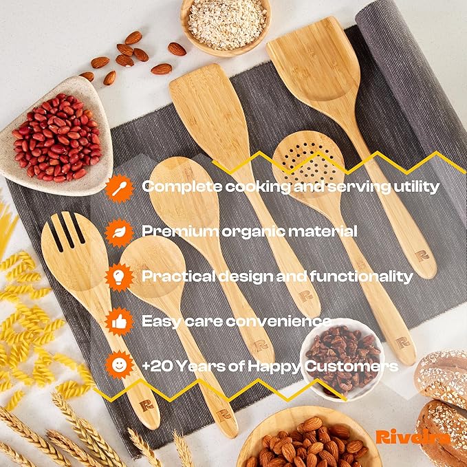 Riveira Brown Bamboo Wooden Cooking Utensils Set of 6 Natural Bamboo Wooden Spoons, Spatula, Non-Toxic, Heat-Resistant, Eco-Friendly