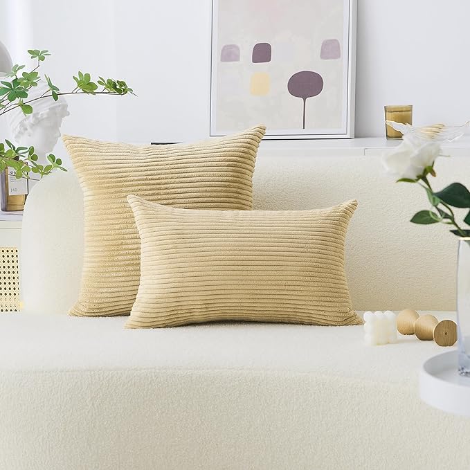 Home Brilliant Set of 2 Decorative Plush Velvet Corduroy Striped Throw Euro Pillow Sham Cushion Cover for Sofa, 26x26 inches, Taupe