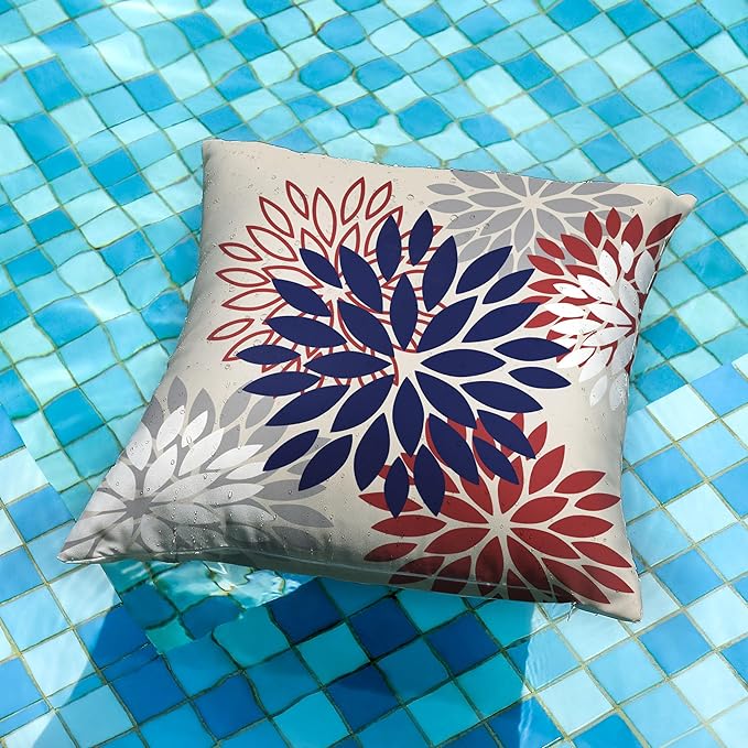 DFXSZ 4th of July Pillow Covers 16x16 Inch Set of 2 Patriotic Blue Red Floral Outdoor Waterproof Decorative Throw Pillows Polyester Pillow Covers Decor for Patio Funiture Garden Couch 002H16