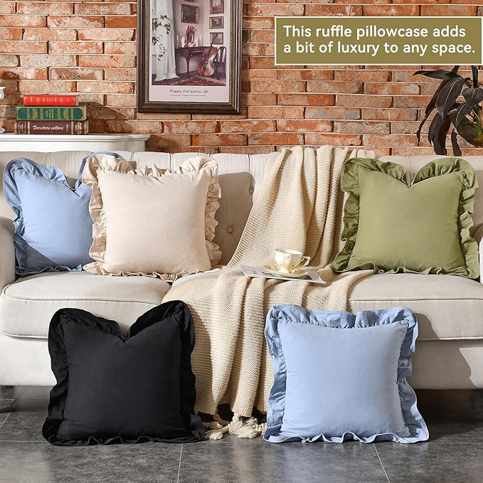 AmHoo Pack of 2 Throw Pillow Covers 100% Cotton Pre Washed Ruffle Decorative Pillowcase Cushion for Couch Sofa Bedroom 18 x 18-Inch Black