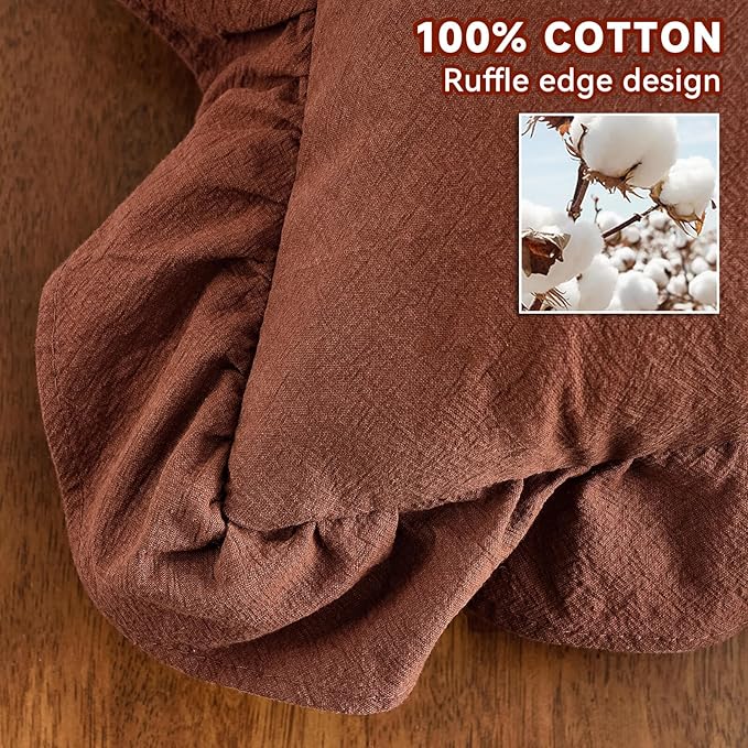 AmHoo Pack of 2 Throw Pillow Covers 100% Cotton Pre Washed Ruffle Decorative Pillowcase Cushion for Couch Sofa Bedroom 20 x 20-Inch Brown