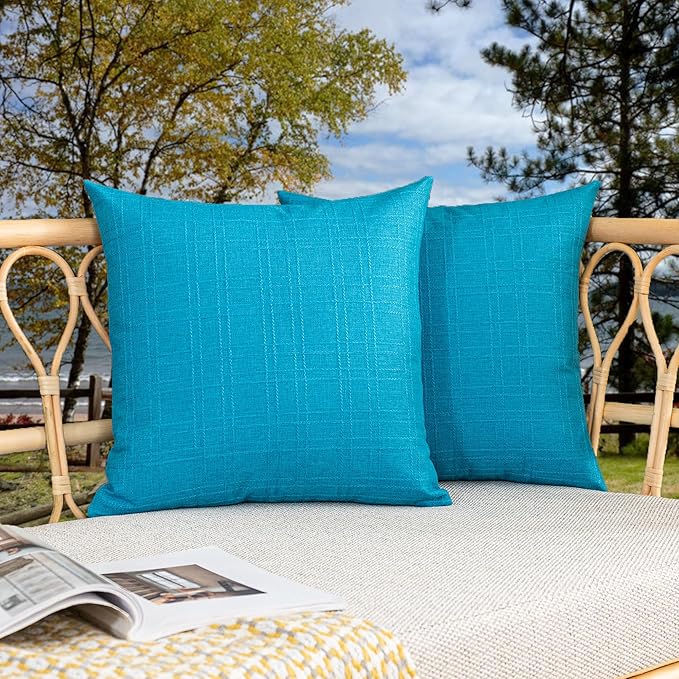 Kevin Textile Pack of 2 Outdoor Waterproof Pillow Covers Checkered Decorative Cushions Sham Throw Pillowcases Shell for Patio Tent Garden Couch Bed Sofa 22x22 Inch Peacock Blue