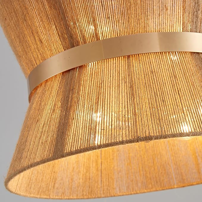 Shrine Lighting French Gold Boho Chandelier, Modern Design, Boho Drum Pendant Light for Dining Room, D18'' x H12'', Adjustable 47'', E12*8 Sockets, Jute Rope Lampshade&French Gold Finish Frame