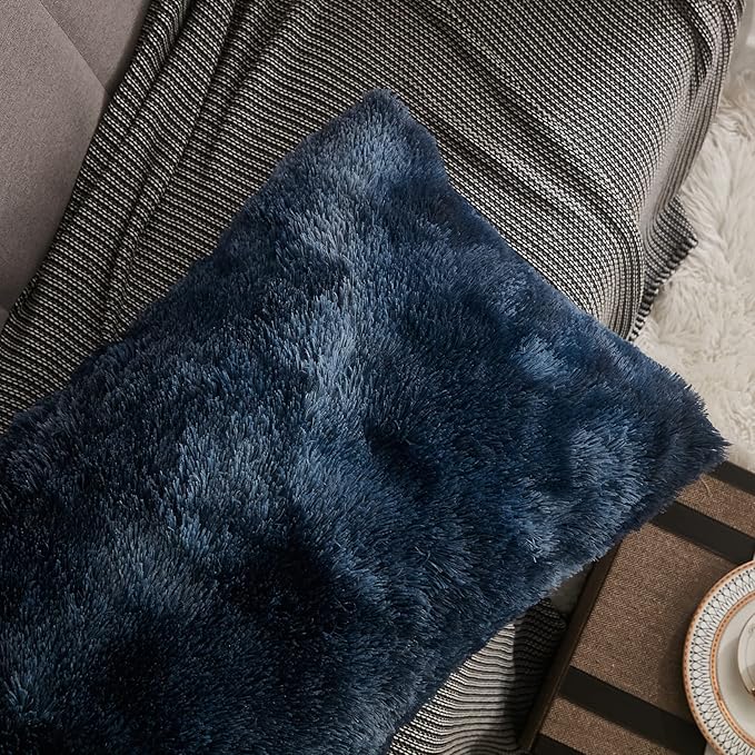 WERDIM Shaggy Faux Fur Pillowcases 2 Pack Button Closure Velvet Pillow Shams King Size (Tie Dye Navy, 20 X 36 Inches)