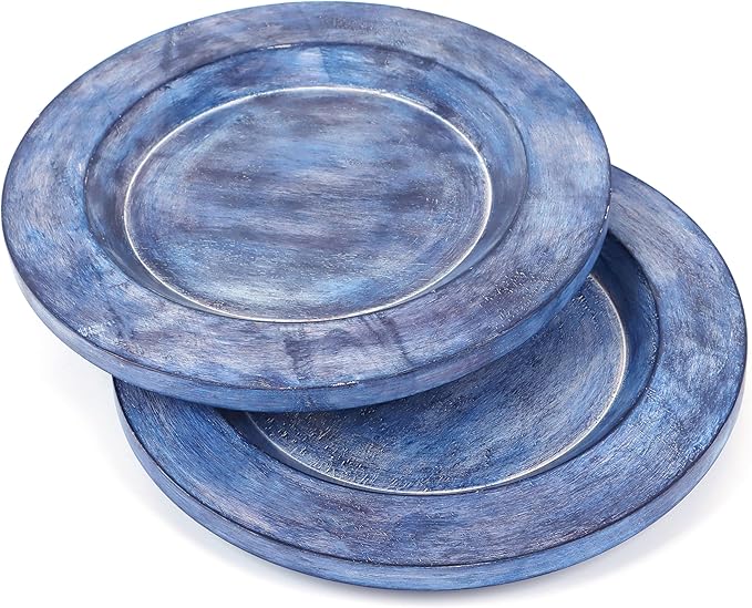 CLEENTABLE Assorted Set of 2 Wooden Charger Plates - 13" Round Farmhouse Wood Plates - Decorative Dinner Plates for Table Setting, Serving Tray, Appetizers, or Home Décor (Blue Green)