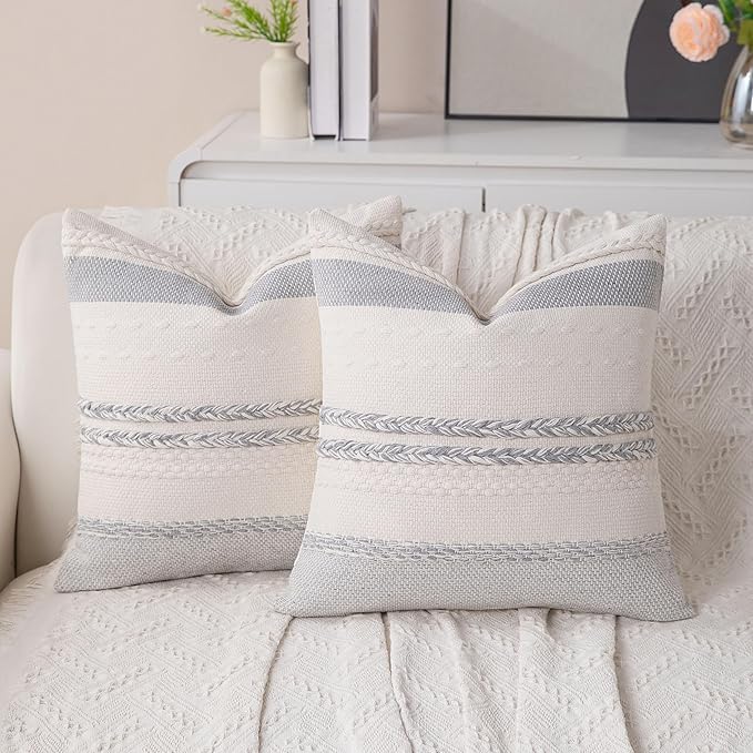Decorative Boho Grey Pillow Covers Set of 2-20x20 Inch Farmhouse Accent Striped Boho Throw Pillows Neutral Coastal Textured Square Pillowcases for Couch Living Room Bed Sofa, Home Decor