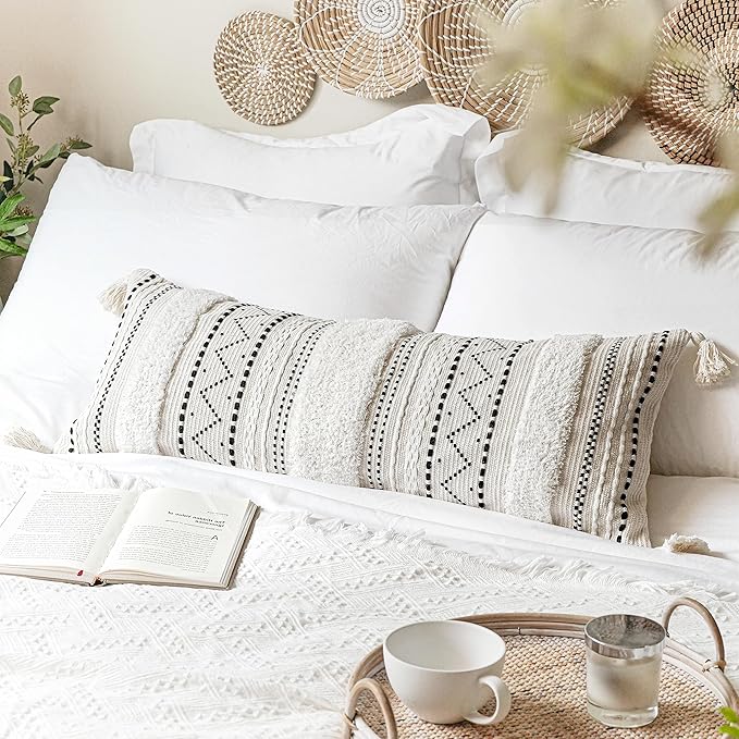 BlissBlush Black Neutral Decorative Lumbar Throw Pillow Cover 14x36 Boho Long Cushion for Bed Accent Farmhouse Pillowcase for Bedroom Living Room Couch Sofa Home Décor (Cover ONLY, Pack of 1)