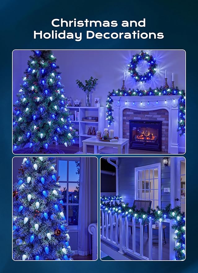 C9 Christmas Lights Outdoor, 100 FT 150 LED Connectable C9 String Lights with 8 Modes and Timer Xmas Tree Patio Roofline Garden Yard Holiday Party Indoor Outdoor Decoration, Blue and White