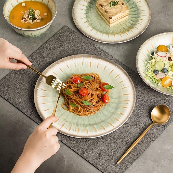 MissYip Melamine Dinnerware Set, 16 Piece for 4, Unbreakable Kitchen Plastic Plates and Bowls set, Indoor and Outdoor Use Tableware, BPA Free, Dishwasher Safe, Not Microwave, Not Oven(Green)