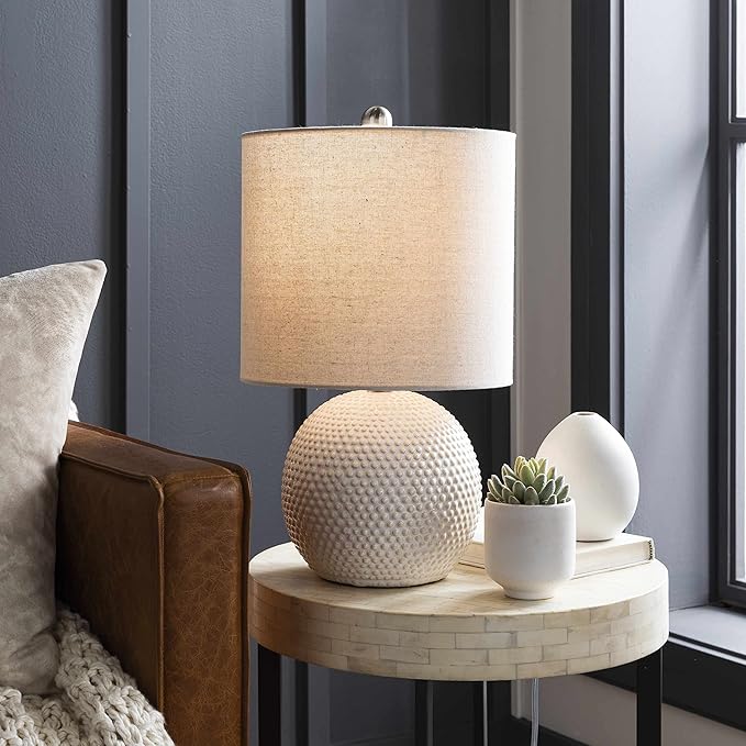 BoutiqueRugs Manaloal Boho Dotted Ceramic Bedside Table Lamp for Bedroom Nightstand - End Side Lighting for Living Room - Shade Linen - White, Cream, Beige - 20" H