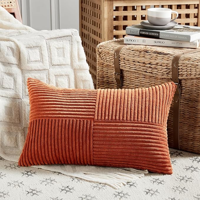 Fancy Homi Set of 2 Burnt Orange Lumbar Decorative Throw Pillow Covers 14x22 Inch for Living Room Couch Bed, Boho Farmhouse Fall Home Decor, Soft Corduroy Corss Patchwork Cushion Case 35x55 cm