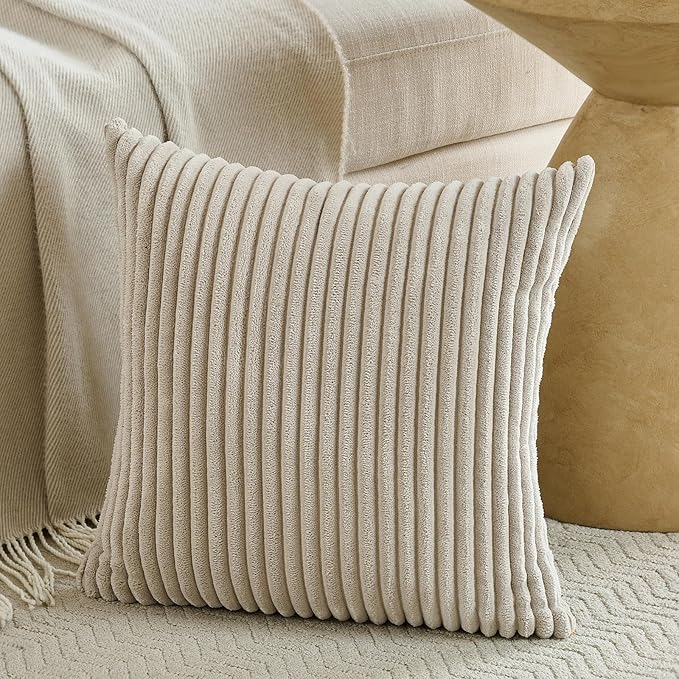Fancy Homi Set of 2 Taupe Boho Decorative Throw Pillow Covers 18x18 Inch for Couch Bed Sofa, Aesthetic Modern Farmhouse Room Decor, Soft Fuzzy Fluffy Cozy Corduroy Textured Cushion Case 45x45cm