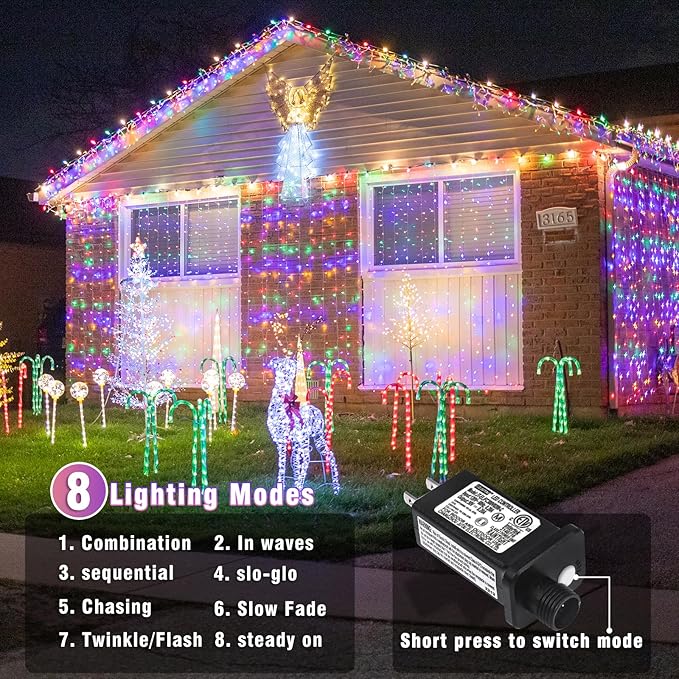 800 LED Christmas Lights Outdoor Indoor, String Lights for Outside with 8 Modes Waterproof, Plug in Twinkle Light Clear Wire for Xmas Tree, Patio, Garden, Party Decorations, Multicolor