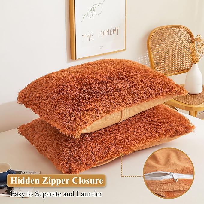 XeGe Faux Fur Fluffy Pillow Cases, Plush Shaggy Pillow Shams, Ultra Soft Furry Pillow Covers, Velvet Fuzzy Decorative Pillowcases for Bed Couch Sofa Zipper Closure, Set of 2 (Standard, Burnt Orange)