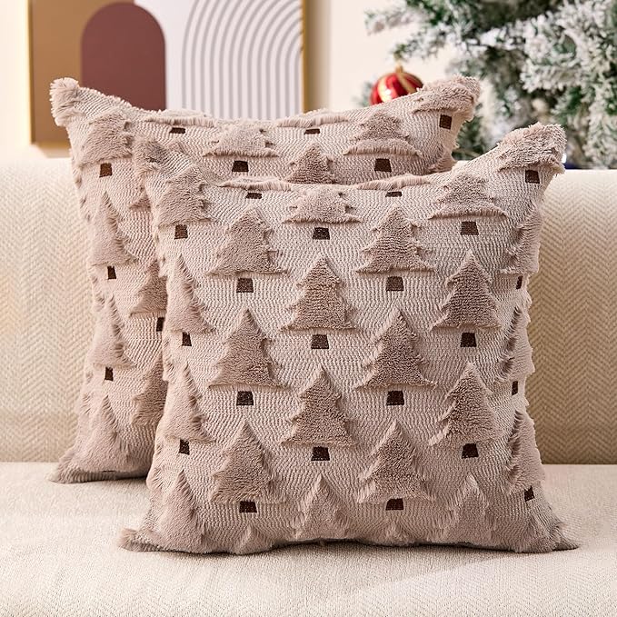 Christmas Pillow Covers 18x18 inch Set of 2 Grey Christmas Decorations Soft Plush Faux Fur Wool Xmas Tree Throw Pillow Cases Winter Holiday Decor for Sofa Living Room PT002I18