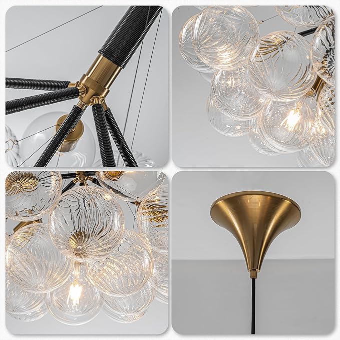 Longree Modern Bubble Ball Swirled Glass Chandelier, 24 inch Black and Gold Swirled Blown Glass Globe Cluster Ceiling Lights Fixture for Bedroom Study Restaurant