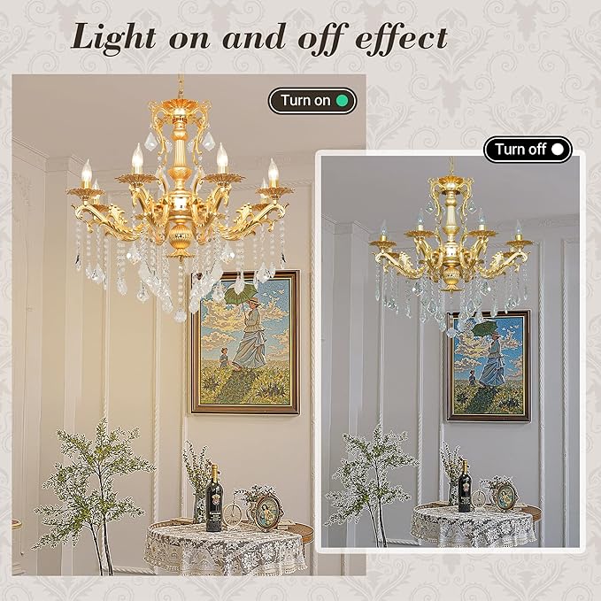 Luxury Gold Crystal Chandelier, 30" Vintage K9 Crystal Pendant Light with 8 Lights, Antique Brass Finish Ceiling Light Fixture with Scrolled Arms for Dining Room Living Room Foyer Villa Hotel