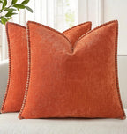 decorUhome Fall Chenille Soft Throw Pillow Covers 16x16 Set of 2, Farmhouse Velvet Neutral Decorative Euro Pillow Covers with Stitched Edge for Couch Sofa Bed Home Decor, Rust