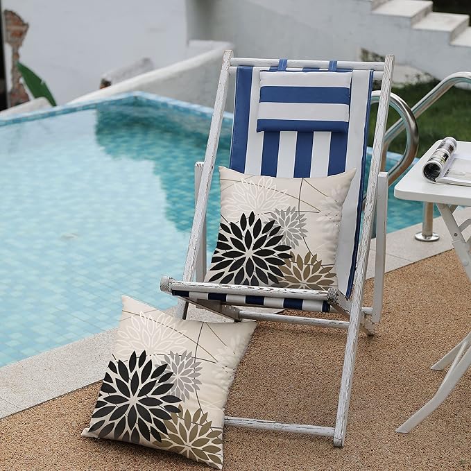 Black Brown Outdoor Pillow Covers 18x18 Inch Set of 2 White Gray Flower Throw Pillows Farmhouse Outdoor Modern Floral Polyester Square Cushion Case Decor for Sofa Patio Funiture Garden 01A18