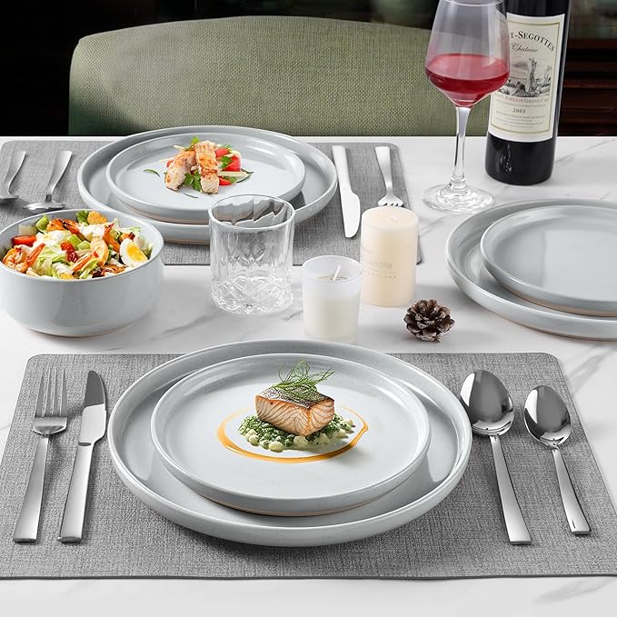 LIANYU Stoneware Dinnerware Sets for 4, 12-Piece Kitchen Dinner Dish Set, Porcelain Plates and Bowls Tableware, Safe & Healthy, Dishwasher & Microwave Safe, Glacier Gray