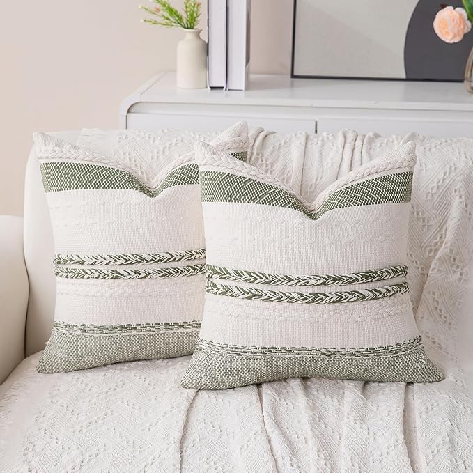 Decorative Boho Sage Green Pillow Covers Set of 2-20x20 Inch Farmhouse Accent Striped Boho Throw Pillows Neutral Coastal Textured Square Pillowcase for Couch Living Room Bed Sofa, Home Decor