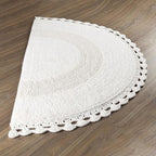 Savi Home Half Circle Bohemian Bathroom Rug with Handwoven Chrochet Border, Beautifully Handcrafted 100% Cotton Mat - 22x42, Half Round Boho Bedroom Rug, Boho Bathroom Décor, Machine Washable - White