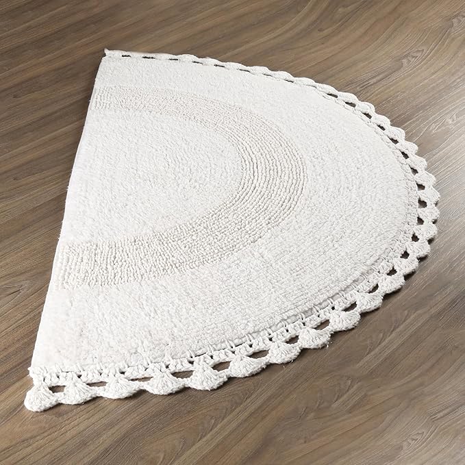 Savi Home Half Circle Bohemian Bathroom Rug with Handwoven Chrochet Border, Beautifully Handcrafted 100% Cotton Mat - 22x42, Half Round Boho Bedroom Rug, Boho Bathroom Décor, Machine Washable - White