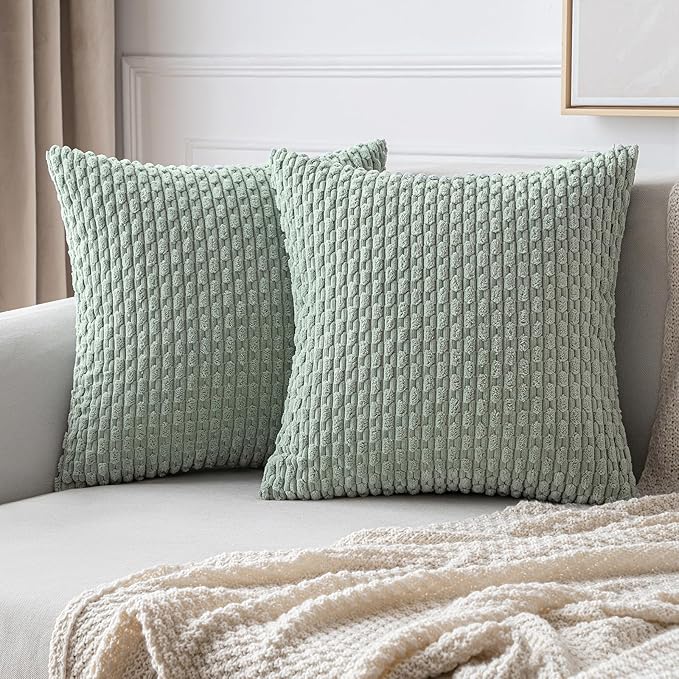 MIULEE Pack of 2 Decorative Throw Pillow Covers 20x20 Inch Soft Boho Striped Textured Corduroy Pillow Covers Modern Farmhouse Home Decor for Couch Bed Sofa Living Room Greyish Green