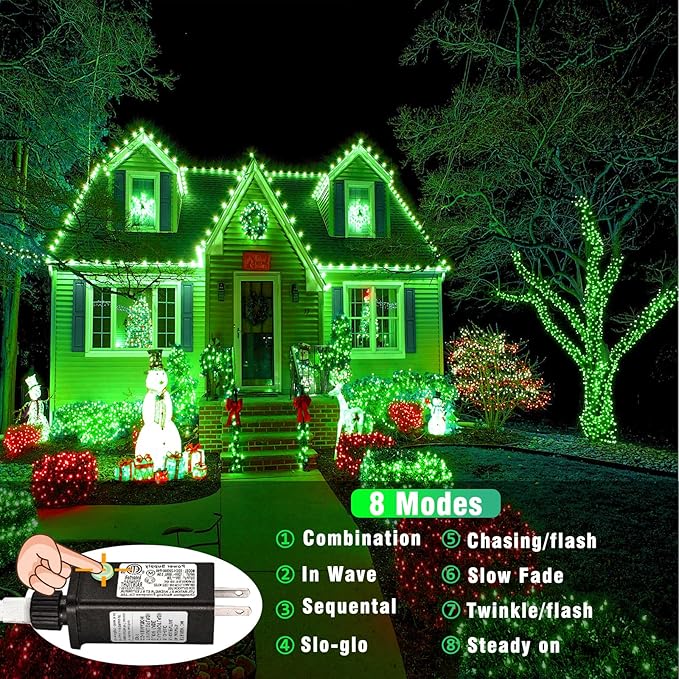 Vivideal 800 LED Green Christmas Lights, 262FT Green String Lights Indoor Outdoor Plug in with Timer Memory for Outside Halloween Xmas Tree Decorations