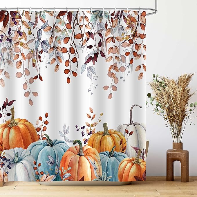 Fall Shower Curtains for Bathroom, Thanksgiving Pumpkins Autumn Leaves Shower Curtain Set with Hooks, Blue Orange Waterproof Fabric Fall Bathroom Decor Accessories, 72 x 72 Inch