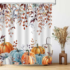 Fall Shower Curtains for Bathroom, Thanksgiving Pumpkins Autumn Leaves Shower Curtain Set with Hooks, Blue Orange Waterproof Fabric Fall Bathroom Decor Accessories, 72 x 72 Inch