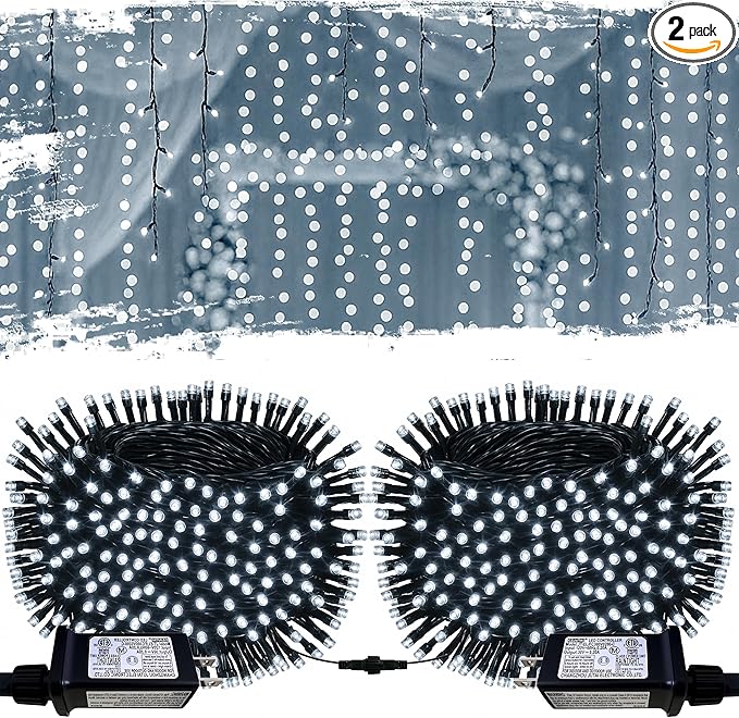 String Lights Outdoor & Indoor, 2Pack 600 LED Christmas Lights, 210ft Plug-in Waterproof Twinkle Light with 8 Modes for Xmas Tree Halloween Wedding Party Garden Patio Decorations(White)