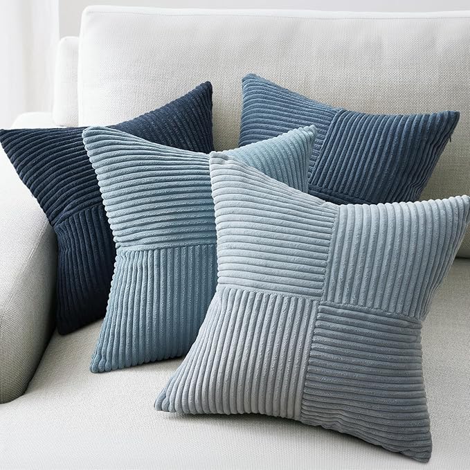 Topfinel Decorative Blue Throw Pillow Covers Set of 4,Boho Velvet Blue Gray Cushion Covers with Striped Corduroy,Soft Accent Pillowcases for Couch,Bed,Living Room Home Decor 16×16 Inch