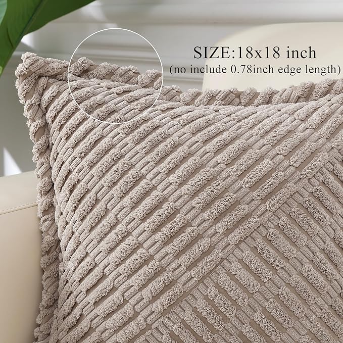 decorUhome Decorative Khaki Throw Pillow Covers 18x18 Set of 2 with Splicing, Boho Soft Neutral Corduroy Broadside Twill Pillow Covers for Couch Bed Sofa Living Room