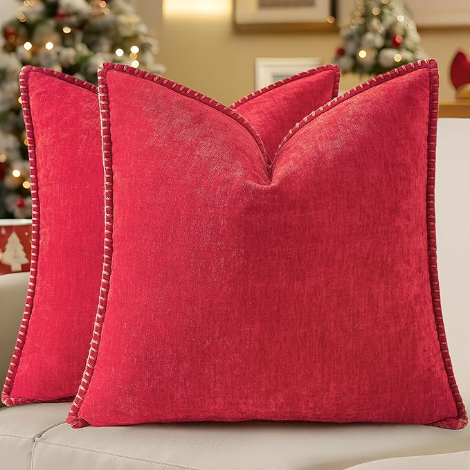 decorUhome Christmas Chenille Soft Throw Pillow Covers 16x16 Set of 2, Farmhouse Velvet Neutral Decorative Euro Pillow Covers with Stitched Edge for Couch Sofa Bed Home Decor, Christmas Red