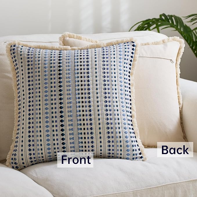 Decorative Pillow Covers Set of 2, Boho Farmhouse Couch Throw Pillows with Tassels, Textured Small Dot Pattern Cushion Cases for Sofa Living Room Home Decor (Blue, 22" x 22" (Pack of 2))