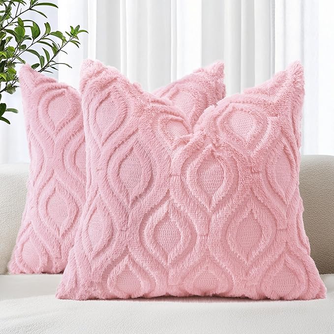 decorUhome Throw Pillow Covers 20x20 Inch Set of 2, Soft Plush Decorative Faux Fur Light Pink Solid Couch Pillow Covers, Accent Farmhouse Neutral Square Euro Pillow Cases for Sofa Bed Living Room