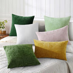 decorUhome Chenille Christmas Green Throw Pillow Covers 16x16 Inch Set of 2, Decorative Soft Couch Pillow Covers Solid Dyed Accent Velvet Farmhouse Neutral Square Pillow Cases for Sofa Bed Living Room