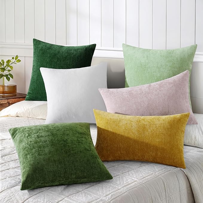 decorUhome Chenille Moss Green Fall Throw Pillow Covers 22x22 Inch Set of 2, Decorative Soft Couch Pillow Covers Solid Dyed Accent Velvet Farmhouse Neutral Square Christmas Pillow Cases for Sofa