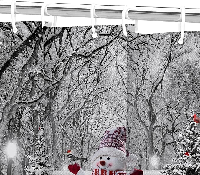 Winter Christmas Shower Curtain Set, Cute Snowman Cardinals Xmas Pine Tree Winter Snow Forest Scene Shower Curtain for Bathroom Decor, Farmhouse Holiday Gray Fabric Bath Accessory with Hooks, 72"x72"