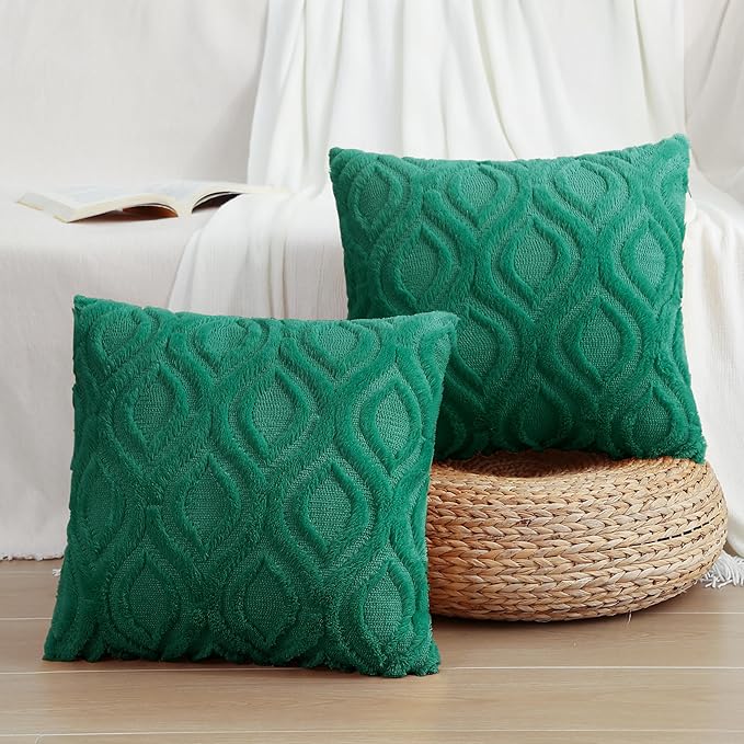 decorUhome Christmas Throw Pillow Covers 16x16 Inch Set of 2, Soft Plush Decorative Faux Fur Green Solid Couch Pillow Covers, Accent Farmhouse Neutral Square Euro Pillow Cases for Sofa Bed Living Room