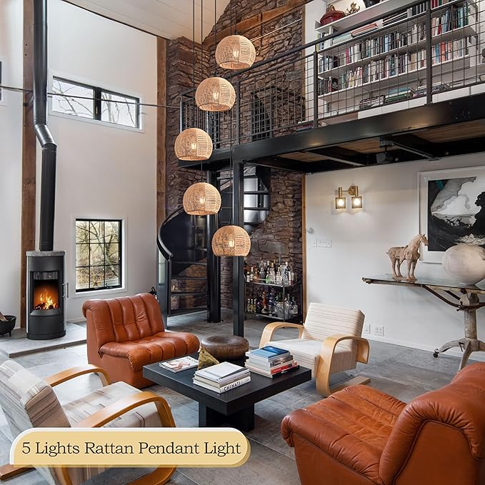 5-Light Woven Foyer Chandeliers for High Ceiling,5 Dome Boho Rattan Pendant Light Farmhouse Wicker Ceiling Light,rustic Hemp rope Light Fixture For Living Room Hallway Staircase Entryway(Bulb Incl.