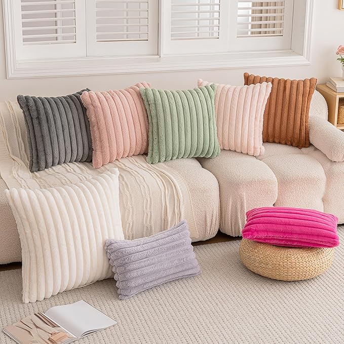 Double-Sided Faux Fur Plush Throw Pillow Covers 18x18 Set of 2 Fuzzy Striped Soft Cozy Pillowcase Luxury Decorative Pillows Christmas Square Cushion Covers for Couch Sofa Bed,Sage Green
