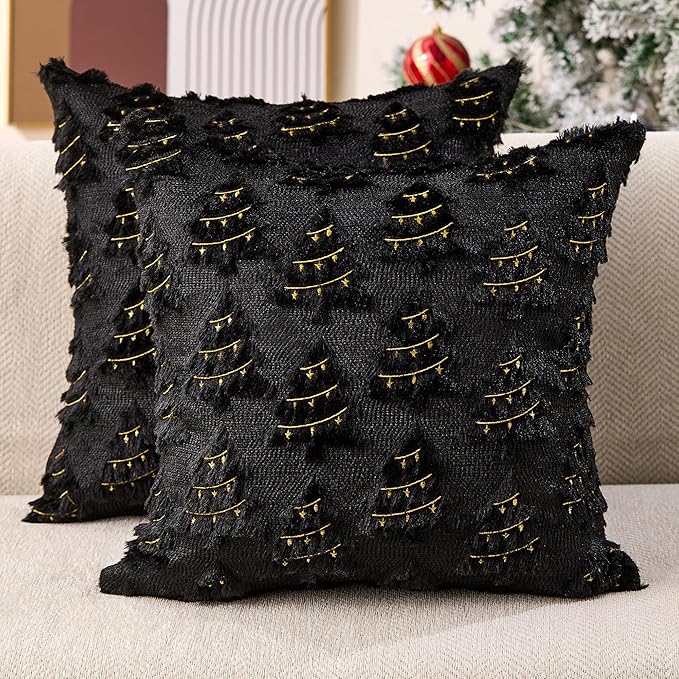 Christmas Pillow Covers 18x18 inch Set of 2 Soft Plush Faux Fur Christmas Decor Black Xmax Tree Yellow Colored Lights Decoration Throw Pillow Case for Winter Holiday Sofa Living Room PT003J18