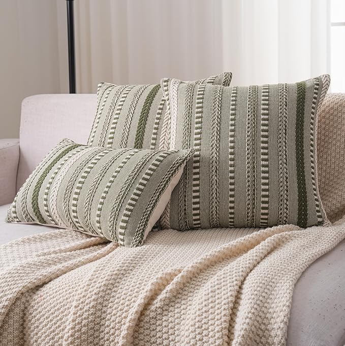 Boho Throw Pillow Covers 12x20 Inch Set of 2, Farmhouse Decorative Couch Pillow Cases, Green Accent Pillows of Bed, Sofa Bedroom Living Room Home Decor Cushion Cover