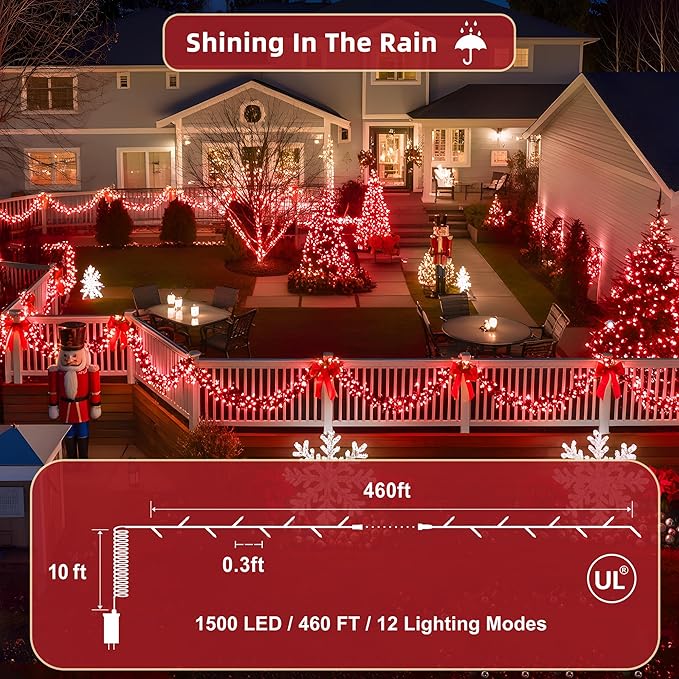 470ft Outdoor Christmas Lights, 1500 LED Super Long String Lights 12 Modes & Timer Memory, Dimmable Outsite Waterproof Light Strings for Xmas Tree Garden Wedding Party Holiday Decorations Red