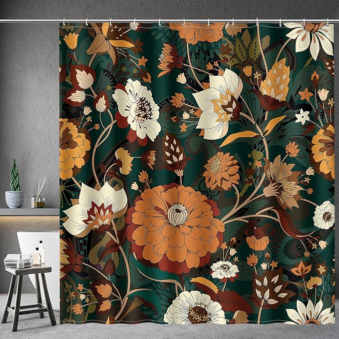Aimego Extra Long Shower Curtain - Boho Floral Dark Green Bohemian Chic Flowers Botanical Leaves Fabric Cloth Shower Curtain Set with 12 Hooks for Bathroom Decor Accessories Bathtub Curtain, 72"x84"
