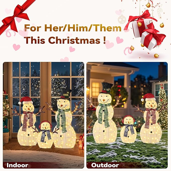 Large Christmas Snowman Family Decorations, 43Inch 3D Pre-Lit Snowman with 200 LED Lights & Zip Ties, Outdoor Indoor Holiday Decor for Yard,Porch,Home-Sparkling White
