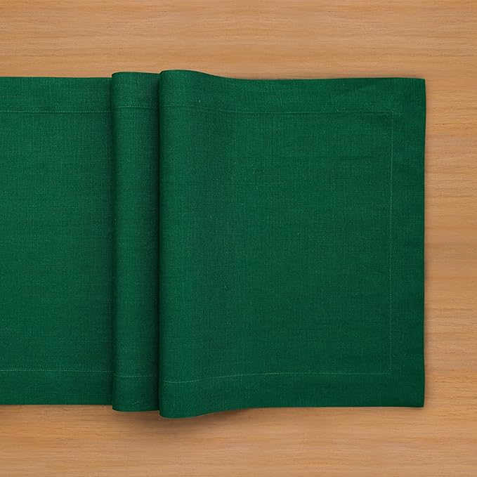 Solino Home Linen Table Runner 120 Inches Long - 100% Pure Linen Christmas Green Dining Table Runner 14 x 120 Inch - Fete