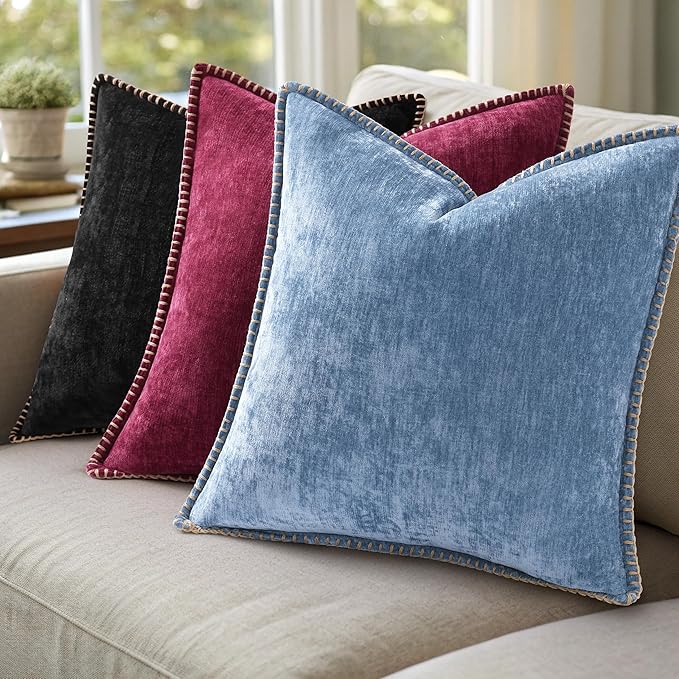 decorUhome Christmas Chenille Soft Throw Pillow Covers 24x24 Set of 2, Farmhouse Velvet Neutral Decorative Euro Pillow Covers with Stitched Edge for Couch Sofa Bed Home Decor, Rhododendron